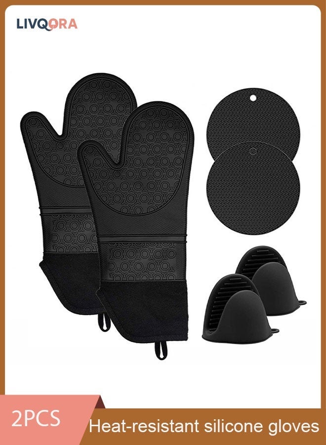 ليفقورا طقم 6 قطع قفازات فرن سيليكون مقاومة للحرارة – قفازات طويلة مقاومة للماء وغير قابلة للانزلاق مع بطانة ناعمة وحصائر حرارية للخبز والطهي والشواء (أسود) - Image 1