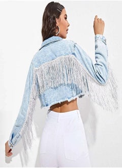 Loquat Fashionable Tassel Splicing Denim Short Jacket Blue 