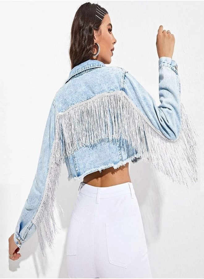 Loquat Fashionable Tassel Splicing Denim Short Jacket Blue 