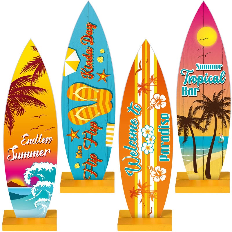 Blulu 4 Pcs Surfboard Decorations for Party Surfboard Beach Signs Welcome to Paradise Sign Tropical Bar Table Centerpieces Endless Summer Wood Decor Flip Flop Letters for Home DecorTropical Style