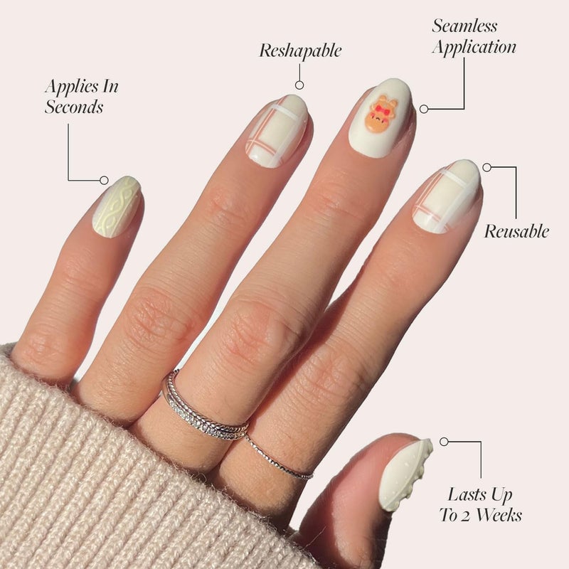 Glamnetic KSA local stock Press On Nails - Gingerbread Knit | Graphic Gingerbread Sweater Knit 3D Opaque Short Oval False Nails, Reusable Stick On Fake Nails with Glue | Salon Quality | 15 Sizes - 30 Nail Kit Matte anti slip finish - Image 3