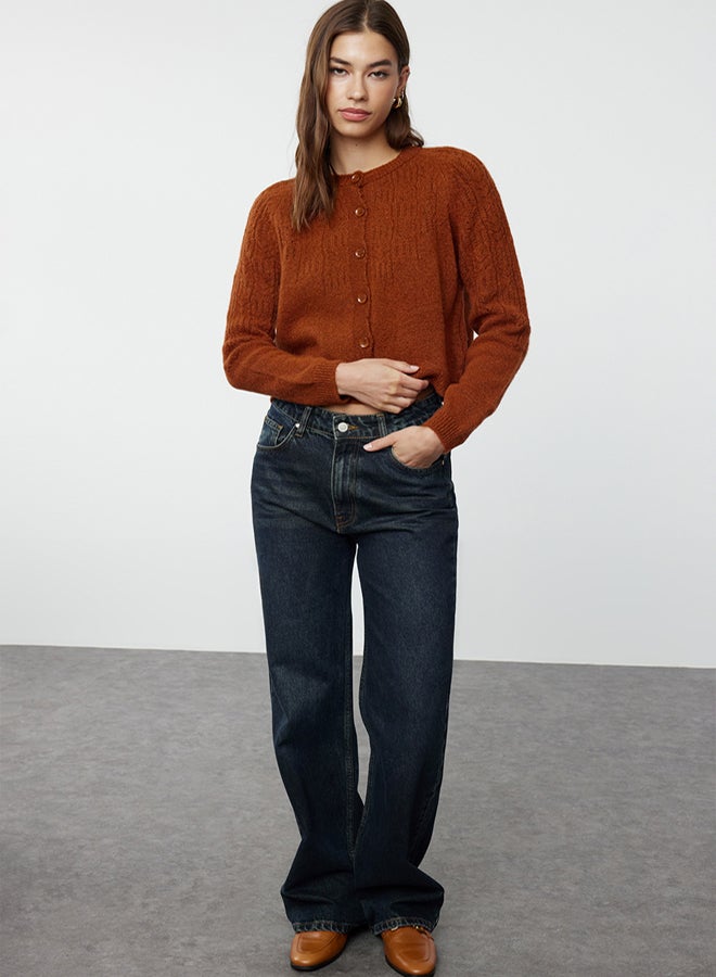 trendyol Cinnamon Soft Textured Openwork/Perforated Knitwear Cardigan - Image 2