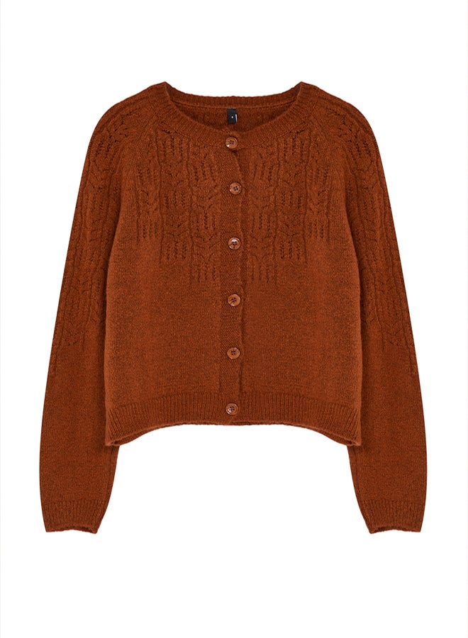 trendyol Cinnamon Soft Textured Openwork/Perforated Knitwear Cardigan - Image 5