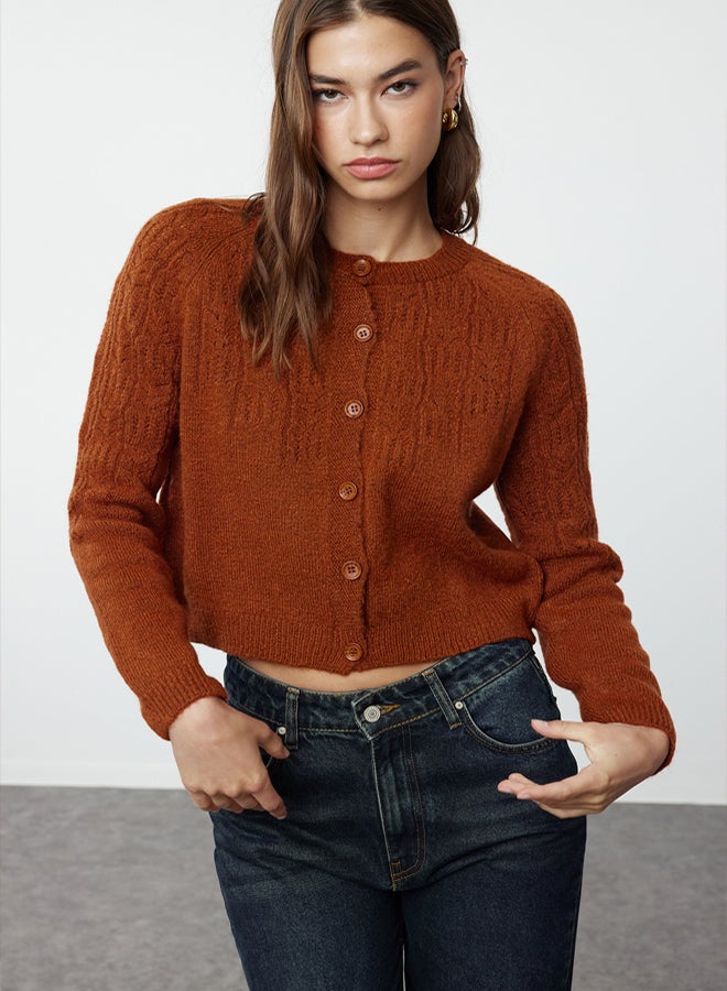 trendyol Cinnamon Soft Textured Openwork/Perforated Knitwear Cardigan - Image 1