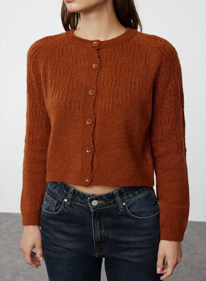 trendyol Cinnamon Soft Textured Openwork/Perforated Knitwear Cardigan - Image 4