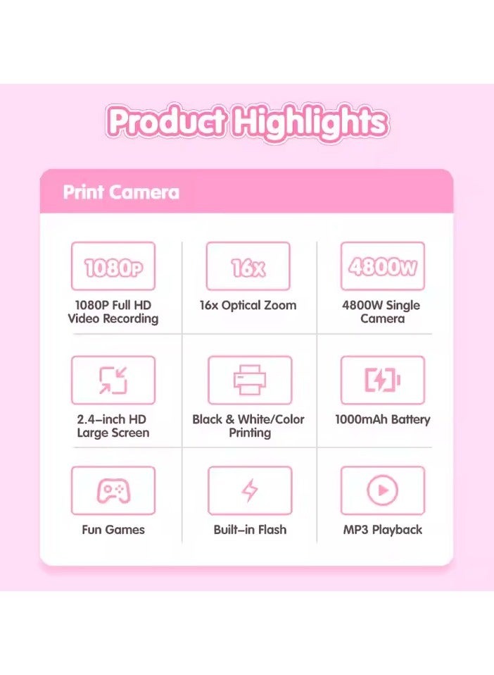 BlueFire Kids Instant Print Camera – 4800W HD, 1080P Video, 2.0" IPS Touch Screen, Built-in Flash, 16x Zoom, MP3 Player, Anti-Glare Eye Protection, 1500 Photos, 1000mAh Battery, Includes Thermal Paper & Accessories – Perfect Gift for Children - Image 4