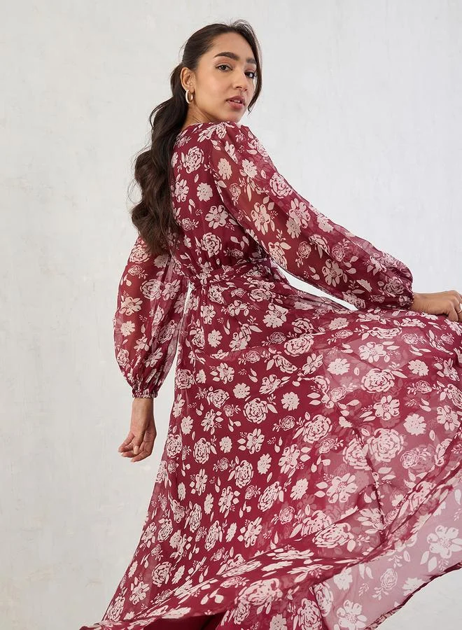 Femmella  Deep Red Floral Print Balloon Sleeve Wrap Maxi Dress for Women | Best Price UAE