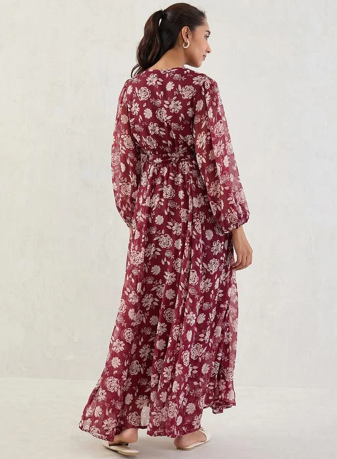 Femmella  Deep Red Floral Print Balloon Sleeve Wrap Maxi Dress for Women | Best Price UAE