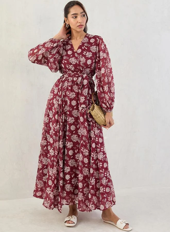 Femmella Deep Red Floral Print Balloon Sleeve Wrap Maxi Dress
