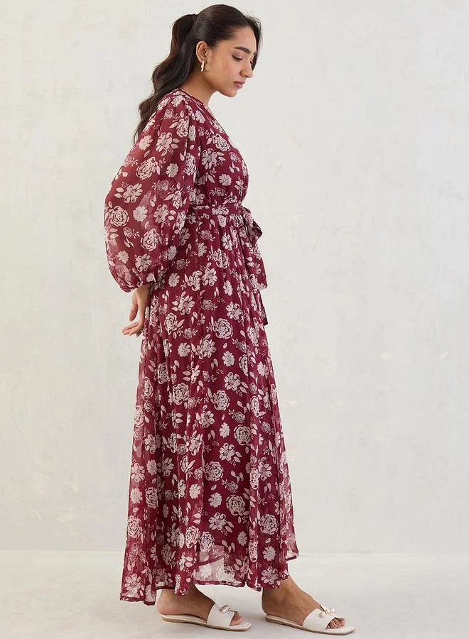 Femmella  Deep Red Floral Print Balloon Sleeve Wrap Maxi Dress for Women | Best Price UAE