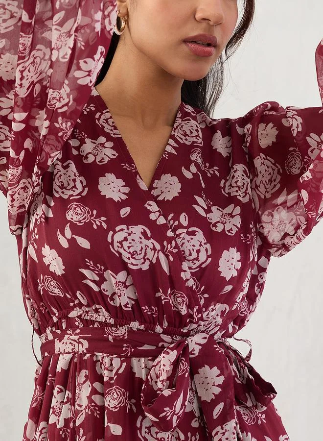 Femmella  Deep Red Floral Print Balloon Sleeve Wrap Maxi Dress for Women | Best Price UAE
