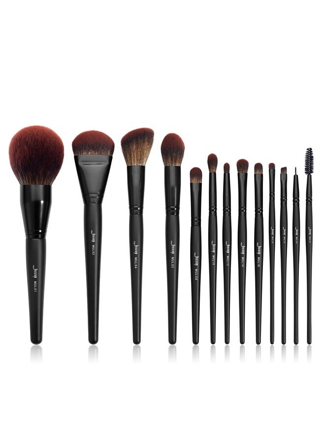 Jessup مجموعة فرش مكياج كاملة 13 قطعة، فرش أساس نباتية احترافية، فرش بودرة، كونتور، بلاشر، هايلايتر، فرش دمج ظلال العيون، خافي عيوب، فرشاة سبولي، فرشاة آيلاينر، أسود شبح T300