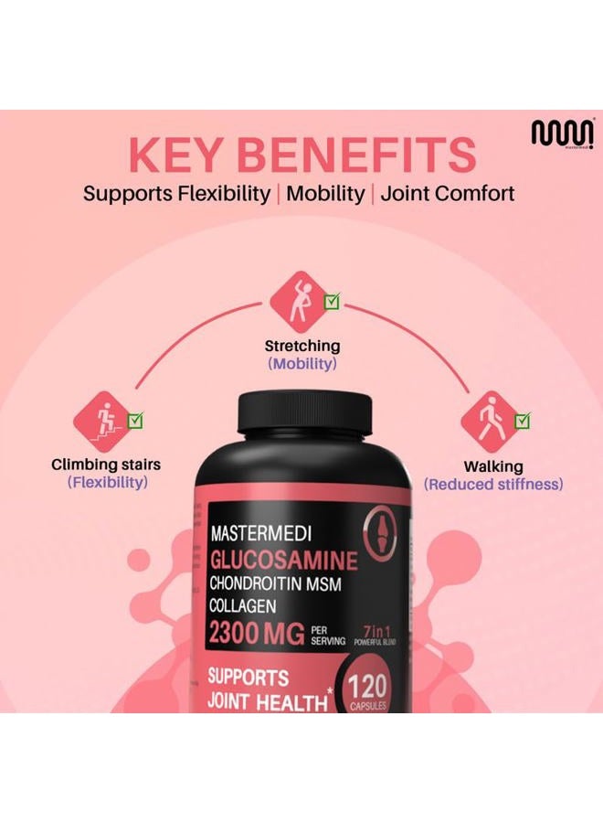 MasterMedi Glucosamine Chondroitin MSM Collagen Capsules – 2300mg Joint Support Formula – with Turmeric, Boswellia, Hyaluronic Acid – Mobility & Flexibility Support – 120 Capsules, 30-Day Supply - Image 4