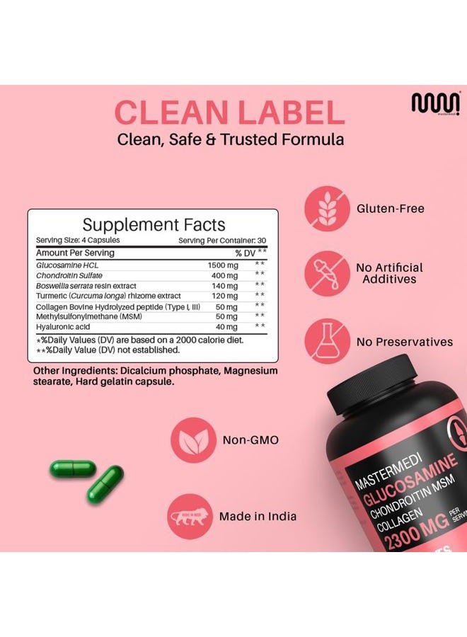 MasterMedi Glucosamine Chondroitin MSM Collagen Capsules – 2300mg Joint Support Formula – with Turmeric, Boswellia, Hyaluronic Acid – Mobility & Flexibility Support – 120 Capsules, 30-Day Supply - Image 2