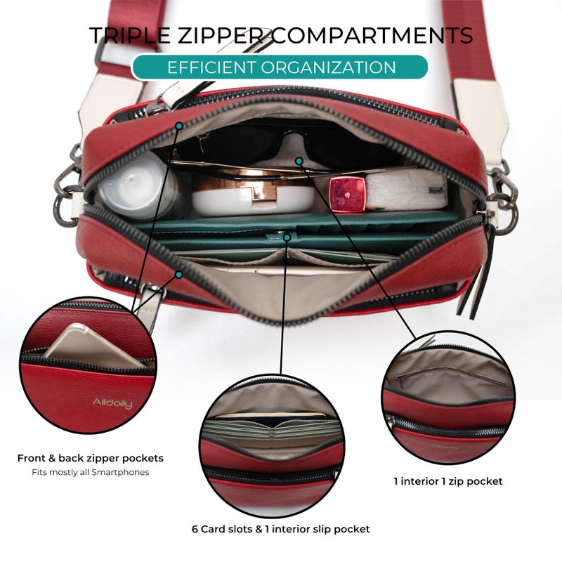 Alldaily Small Triple Zip Crossbody Purse for Women, Vegan Leather Phone Bag with Wide Shoulder Strap - Image 3
