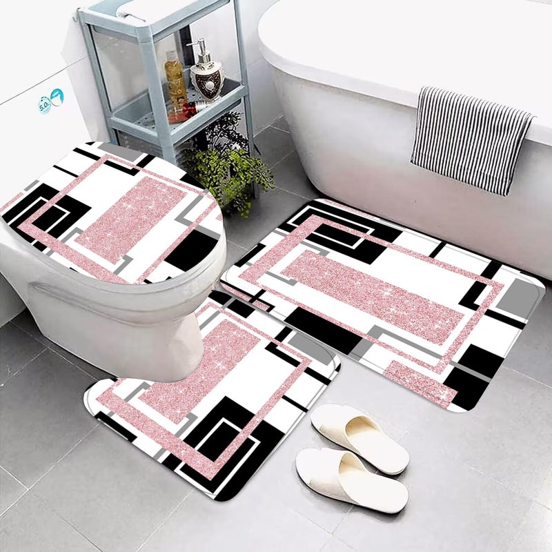 Yddsky 4 Pcs Pink Geometric Shower Curtain Sets Non-Slip Bath Rugs  Toilet Cover  U-Shaped Mat  Pink Geometric Modern Bathroom Decor With 12 Hooks - Image 5