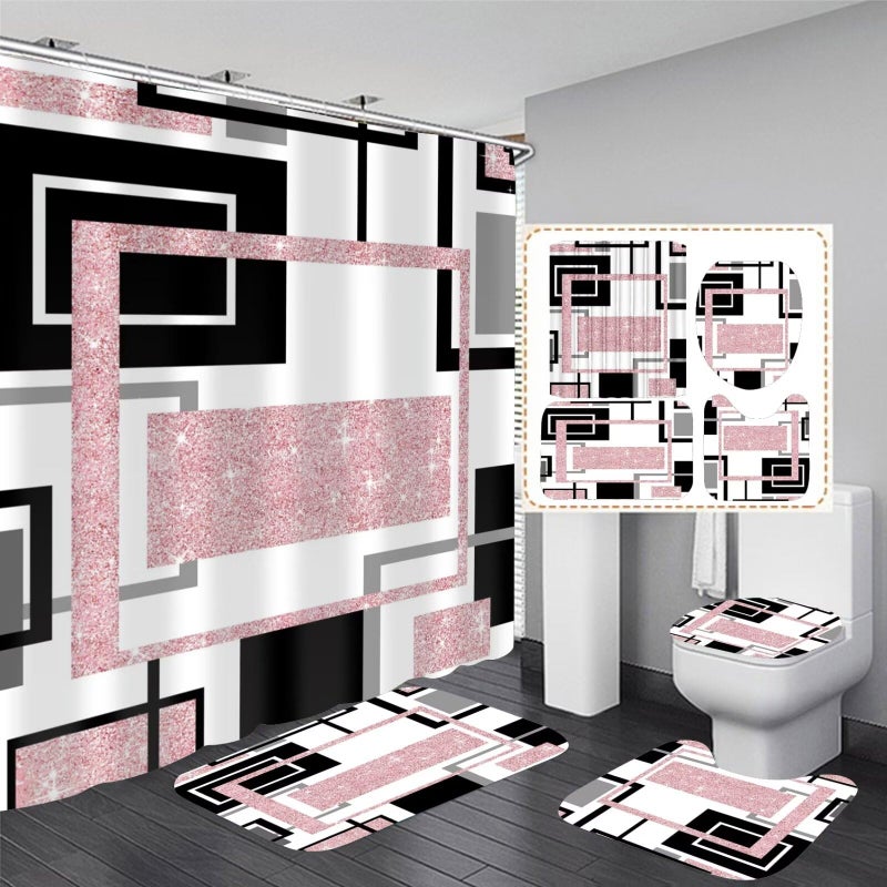 Yddsky 4 Pcs Pink Geometric Shower Curtain Sets Non-Slip Bath Rugs  Toilet Cover  U-Shaped Mat  Pink Geometric Modern Bathroom Decor With 12 Hooks - Image 1