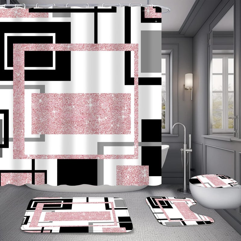 Yddsky 4 Pcs Pink Geometric Shower Curtain Sets Non-Slip Bath Rugs  Toilet Cover  U-Shaped Mat  Pink Geometric Modern Bathroom Decor With 12 Hooks - Image 2