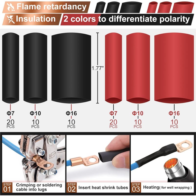 cyrico 150pcs Battery Cable Ends, Copper Wire Lugs Assortment Kit AWG 2 4 6 8 10 Gauge - 70Pcs Battery Cable Lugs Ring Wire Terminal Connectors and 80Pcs Heat Shrink Tubing Kit for Marine Electrical Supplies - Image 4