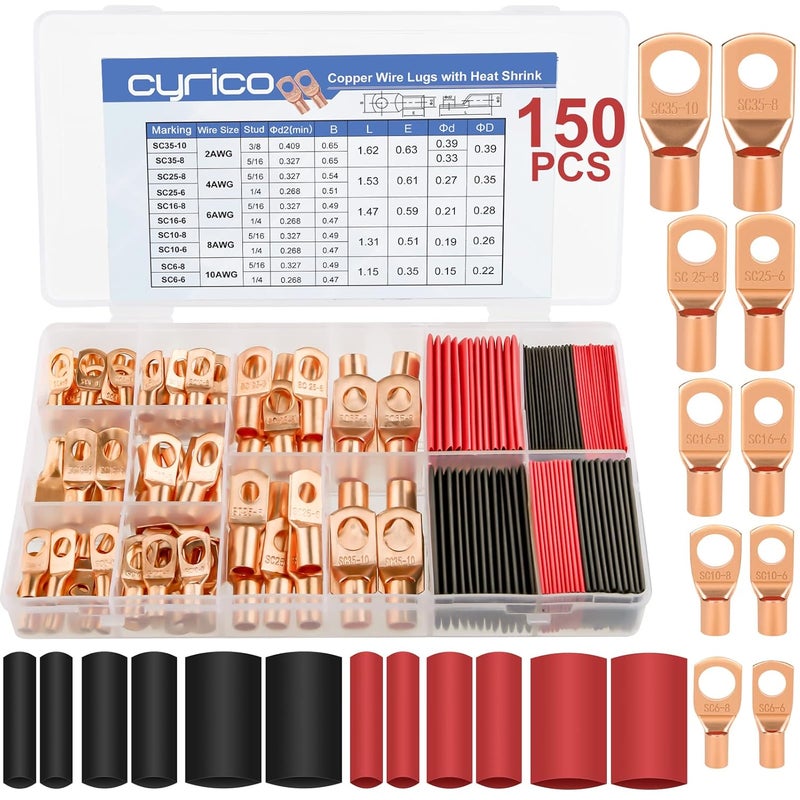cyrico 150pcs Battery Cable Ends, Copper Wire Lugs Assortment Kit AWG 2 4 6 8 10 Gauge - 70Pcs Battery Cable Lugs Ring Wire Terminal Connectors and 80Pcs Heat Shrink Tubing Kit for Marine Electrical Supplies - Image 1