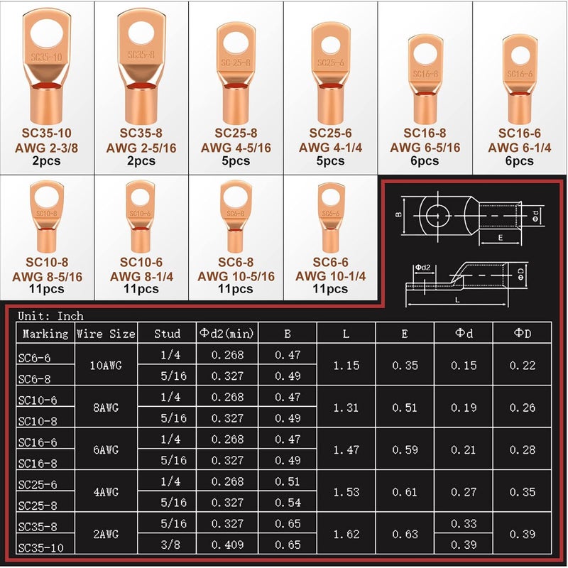 cyrico 150pcs Battery Cable Ends, Copper Wire Lugs Assortment Kit AWG 2 4 6 8 10 Gauge - 70Pcs Battery Cable Lugs Ring Wire Terminal Connectors and 80Pcs Heat Shrink Tubing Kit for Marine Electrical Supplies - Image 3