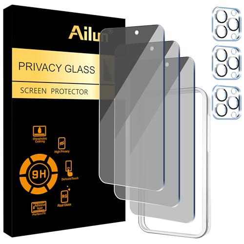 Ailun 3Pack Privacy Screen Protector for iPhone 15 Pro Max [6.7 inch]+3Pack Camera Lens Protector with Installation Frame,Dynamic Island Compatible,Anti Spy Tempered Glass[9H Hardness]-HD - Image 1