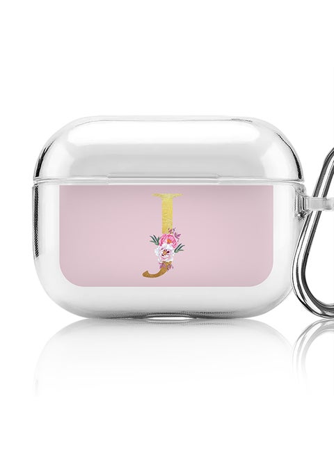 Classic Clear printed Case for Apple Airpods Pro Soft TPU Gel Thin Transparent Flexible Cover - Custom Monogram Initial Letter Floral Pattern Alphabet - J (Pink )