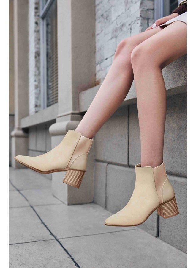 Coutgo Womens Pointed Toe Ankle Boots Elastic Chunky Block Stacked Mid Heel Slip On Chelsea Booties, Beige(suede), 10 - Image 2