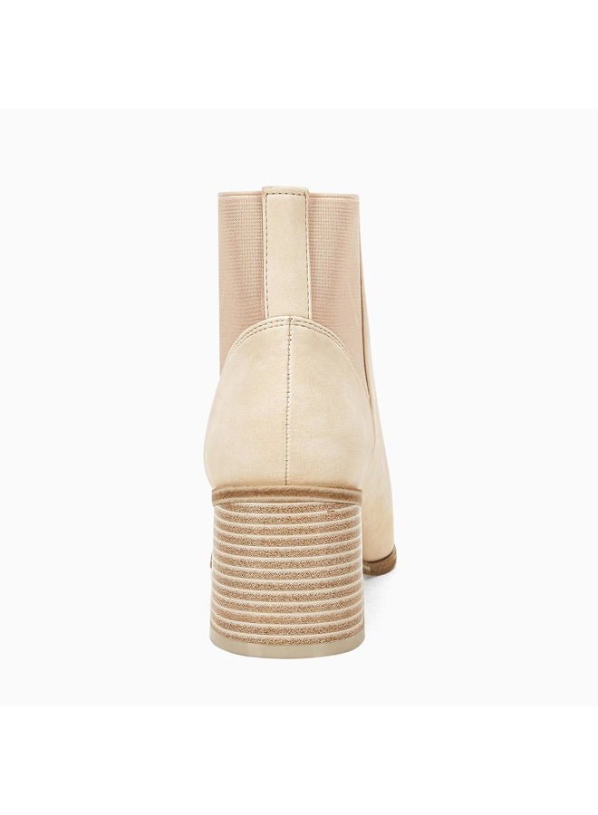 Coutgo Womens Pointed Toe Ankle Boots Elastic Chunky Block Stacked Mid Heel Slip On Chelsea Booties, Beige(suede), 10 - Image 5