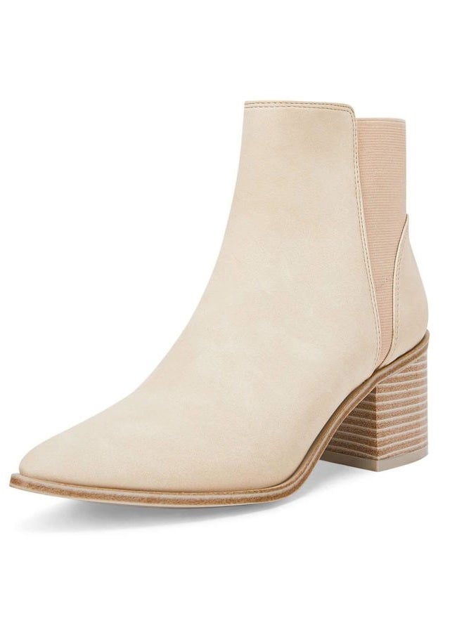 Coutgo Womens Pointed Toe Ankle Boots Elastic Chunky Block Stacked Mid Heel Slip On Chelsea Booties, Beige(suede), 10 - Image 1