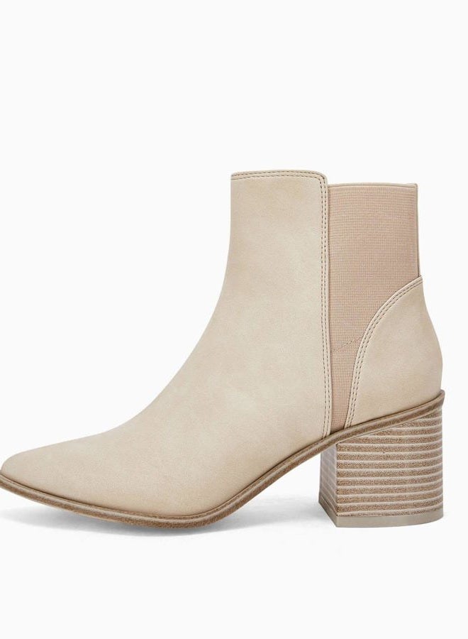 Coutgo Womens Pointed Toe Ankle Boots Elastic Chunky Block Stacked Mid Heel Slip On Chelsea Booties, Beige(suede), 10 - Image 4