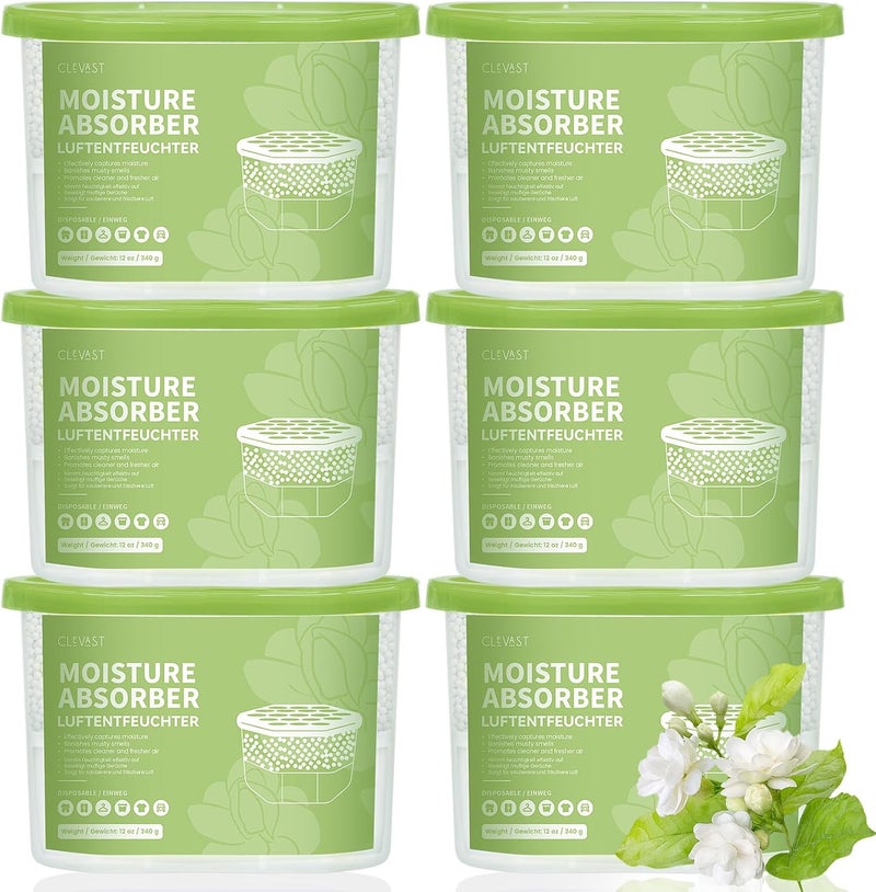 CLEVAST Jasmine Scented Moisture Absorber Boxes, 6 Pack Calcium Chloride Dehumidifier Boxes for Closet, Wardrobe, Bathroom, Bedroom, Kitchen and Laundry Room (340g/Pack) - Image 1
