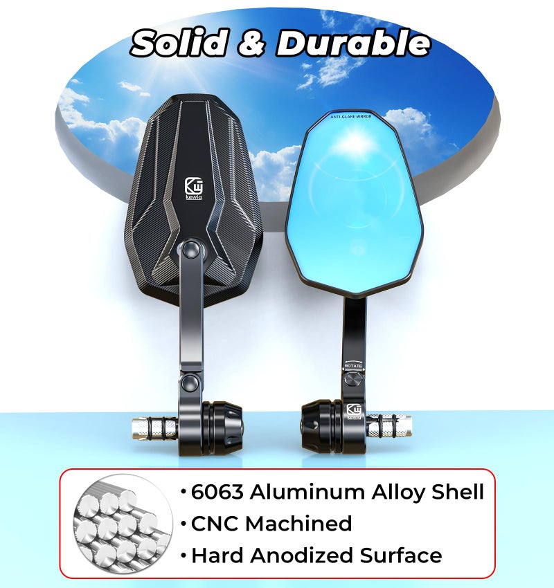 VAZESWIN Aluminum Alloy Rainproof Foldable Motorcycle Bar End Mirrors, CNC Machined Anti-Glare Blue Lenses Motorcycle Rear View Mirrors, Multi-Angle Adjustable Fit for 12-18mm Handlebar Inner Diameter - Image 2