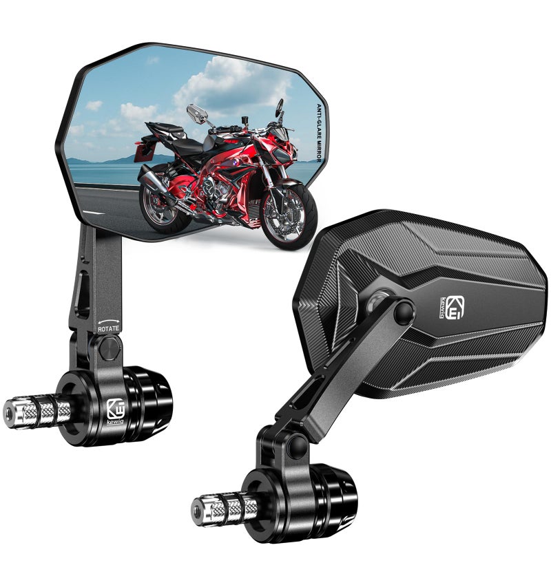 VAZESWIN Aluminum Alloy Rainproof Foldable Motorcycle Bar End Mirrors, CNC Machined Anti-Glare Blue Lenses Motorcycle Rear View Mirrors, Multi-Angle Adjustable Fit for 12-18mm Handlebar Inner Diameter - Image 1