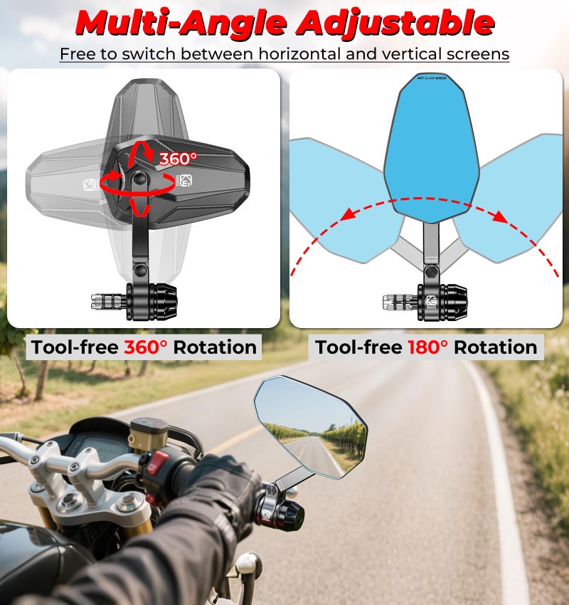 VAZESWIN Aluminum Alloy Rainproof Foldable Motorcycle Bar End Mirrors, CNC Machined Anti-Glare Blue Lenses Motorcycle Rear View Mirrors, Multi-Angle Adjustable Fit for 12-18mm Handlebar Inner Diameter - Image 5