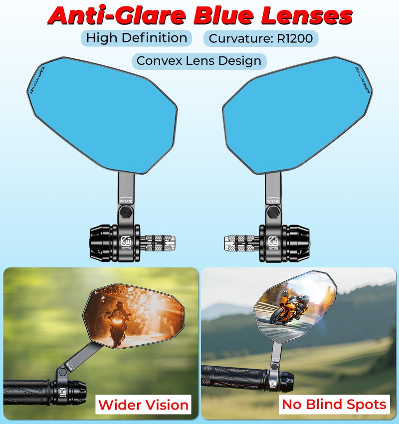 VAZESWIN Aluminum Alloy Rainproof Foldable Motorcycle Bar End Mirrors, CNC Machined Anti-Glare Blue Lenses Motorcycle Rear View Mirrors, Multi-Angle Adjustable Fit for 12-18mm Handlebar Inner Diameter - Image 4