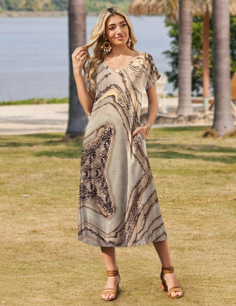 Zeagoo Summer Dresses for Women Plus Size Short Sleeve Tunic Dress Aline Flowy Dress Long Split Dress Casual V Neck Petite Dress Hawaiian Dress - Image 3