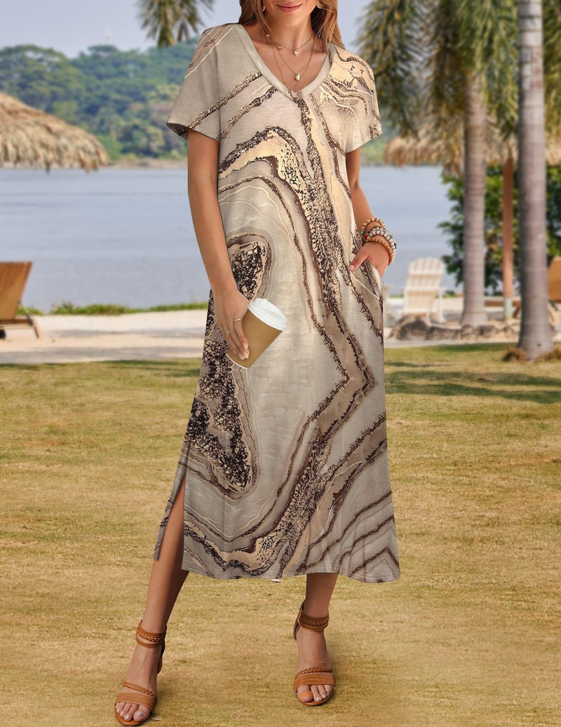Zeagoo Summer Dresses for Women Plus Size Short Sleeve Tunic Dress Aline Flowy Dress Long Split Dress Casual V Neck Petite Dress Hawaiian Dress - Image 2