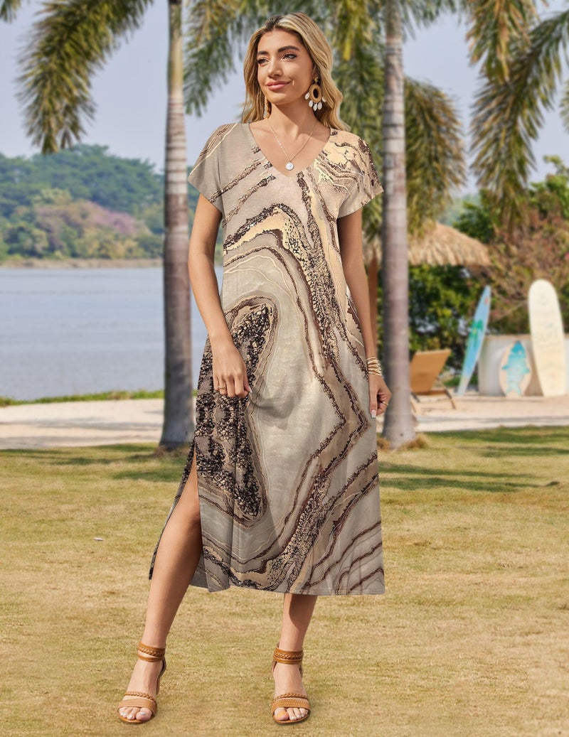 Zeagoo Summer Dresses for Women Plus Size Short Sleeve Tunic Dress Aline Flowy Dress Long Split Dress Casual V Neck Petite Dress Hawaiian Dress - Image 4