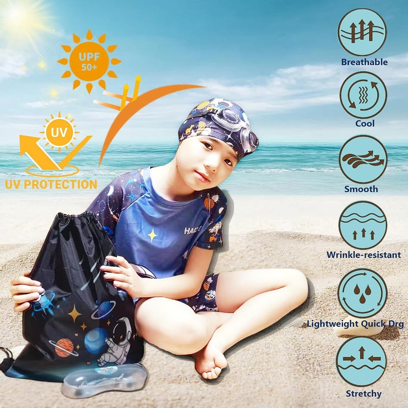 AoMige 7-Pcs Boys Rash Guard Swimsuit Set,UPF 50+ Sun Protection,Separates Quick-Dry Swimwear w/Shorts,HD G oggles,Backpack,Cap,Ear Plugs & Nose Clip, Mist blue, 140 - Image 2