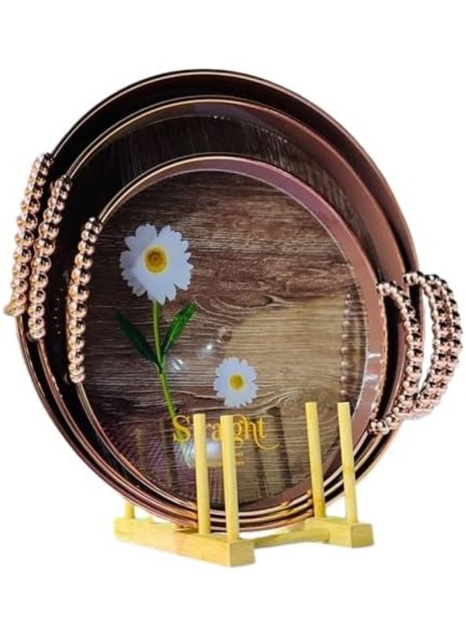 Genaric صينية ميلامين بلون نحاسي، طقم 3 قطع بأحجام 36 سم و33 سم و27 سم، شكل دائري مع مقابض بتصميم الفقاعات، متينة وأنيقة لتقديم الوجبات والوجبات الخفيفة والمشروبات. - Image 1