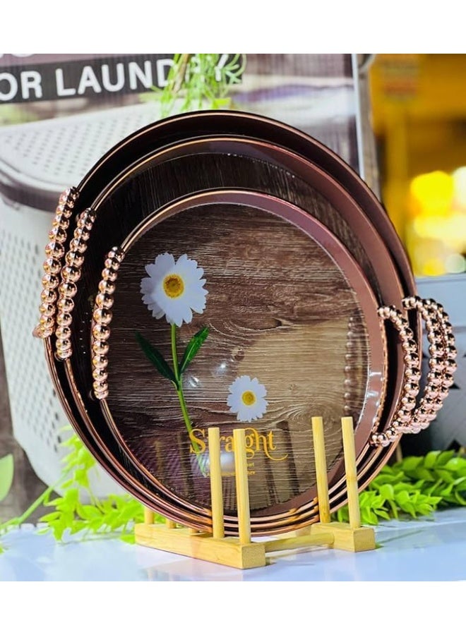 Genaric صينية ميلامين بلون نحاسي، طقم 3 قطع بأحجام 36 سم و33 سم و27 سم، شكل دائري مع مقابض بتصميم الفقاعات، متينة وأنيقة لتقديم الوجبات والوجبات الخفيفة والمشروبات. - Image 2