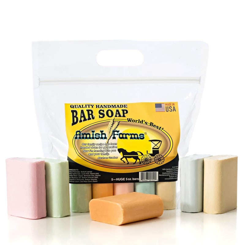 Amish Farms Bar Soap wAll Natural Bentonite Clay  Made in USA Vegan Moisturizing for Sensitive Skin  Women  Mens Face  Body Bar Bath Soap for Shower  Clean Scent  5oz Ea 5 Bars