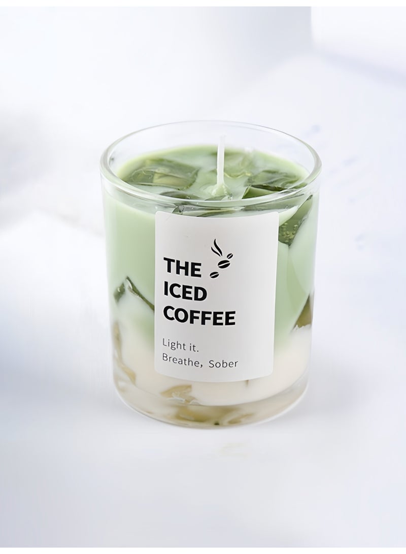 شمعة مقطعة بالقهوة بالماتشا اليدوية في زجاجة زجاجية، شمع الجيلي، معطر بدون دخان​ - Image 1