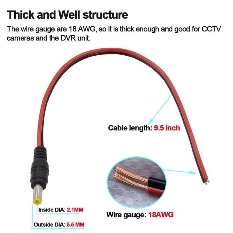MILAPEAK (Real 18AWG 43x2pcs Wires) 20pcs Male DC Power Pigtail Cable, 12V 5A DC Connectors for CCTV Security Camera and Lighting Power Adapter (2.1mm x 5.5mm, Ultra Thick) - Image 4