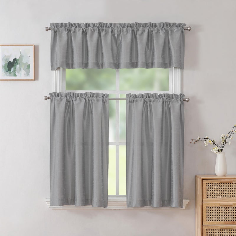 Chyhomenyc Uptown Silver Grey Kitchen Tier Curtains 36 Inch Length 2 Panels, Faux Silk Room Darkening Privacy Short Curtains for Small Window Farmhouse Bedroom Basement Bathroom, Each 30x36 Inch - Image 2