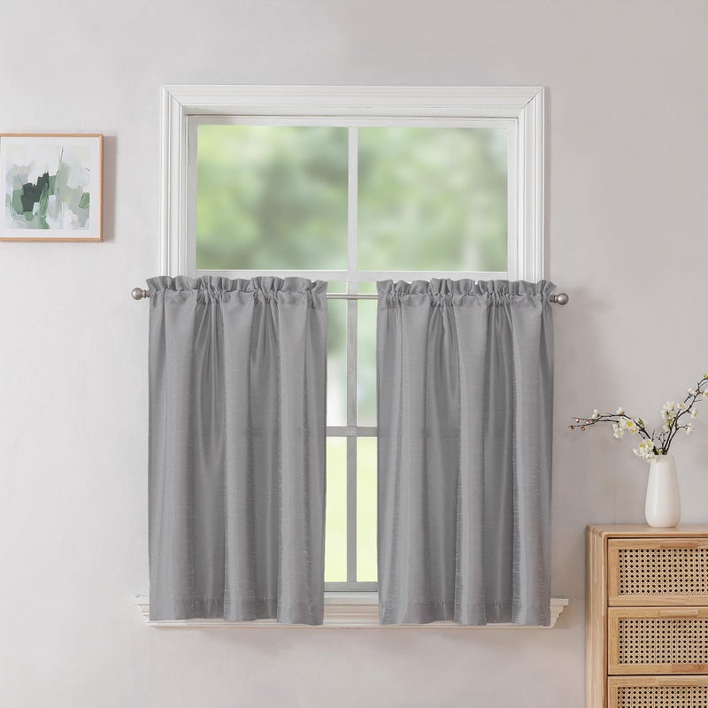 Chyhomenyc Uptown Silver Grey Kitchen Tier Curtains 36 Inch Length 2 Panels, Faux Silk Room Darkening Privacy Short Curtains for Small Window Farmhouse Bedroom Basement Bathroom, Each 30x36 Inch - Image 1