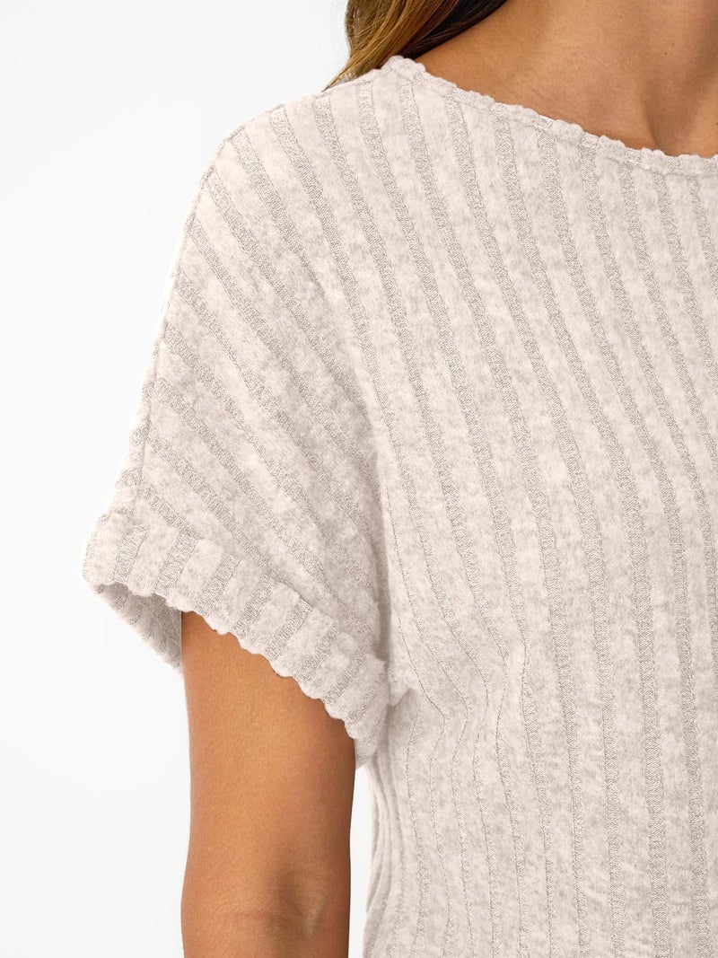 LILLUSORY Women Short Sleeve Top Dressy Casual Shirt Summer TextSweater Apricot M - Image 5