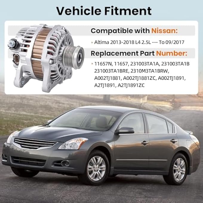 hodflop 23100-3TA1B Alternator Compatible with Nissan Altima 2013-2018 2.5L, 12V 110A 6-Groove Clutch Pulley Clockwise, Replace# 231003TA1A, A2TJ1891ZC, 11657N, 231003TA1B - Image 2