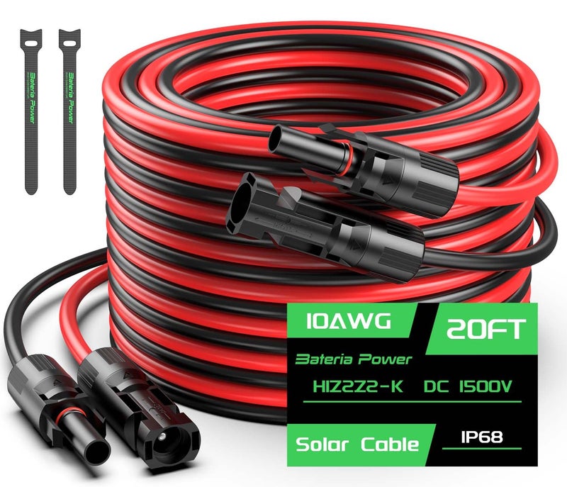 Bateria Power 20FT 10AWG Solar Panel Extension Cable, Bateria Power 6mm² Solar Extension Cable Wire with Female & Male Waterproof Connectors for RV, Photovoltaic Systems, Set of 2 - Image 1